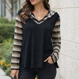 NWT Black Top open knit belled long sleeve hood beige greens metallic by GNW XL